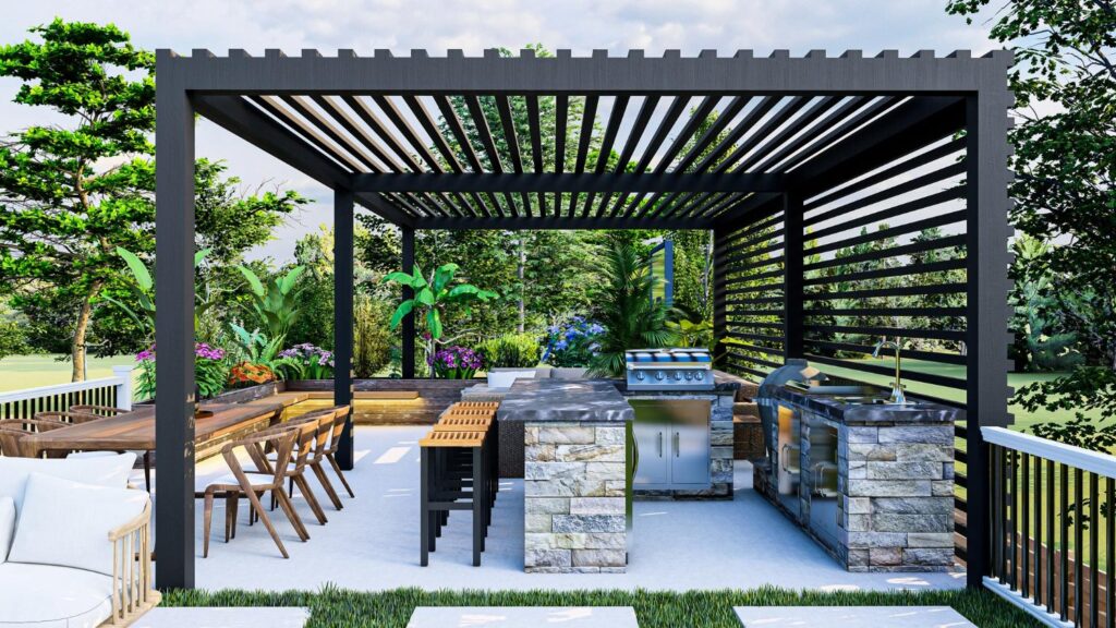 Custom luxury wood pergola with outdoor seating area and professional landscaping